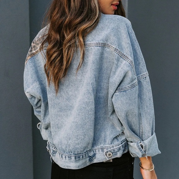 NWT POL Leopard Print Patchwork Denim Jean Jacket - Picture 2 of 8